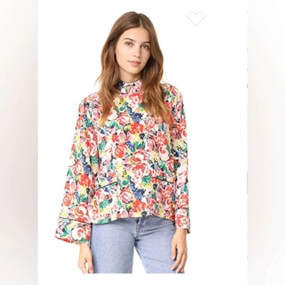Ganni Maple Silk Floral Mock Neck Blouse Multi-Color Bell Sleeve Top Size 38 S 6